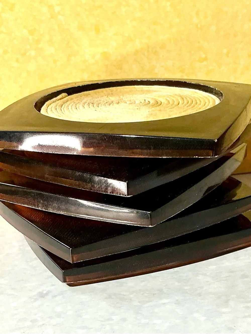 Vintage Coaster Holder Set Georges Briard Faux Tortoise Shell Lucite Raffia MCM